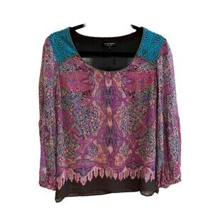 Nanette Lepore Boho Hippie Floral 100% Silk Crochet Back Lined Top USA size 4